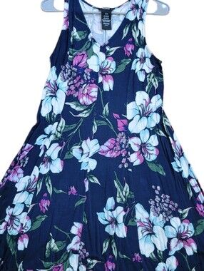 Premise Navy Floral V-Neck Swing Dress with Pink & White Blooms
